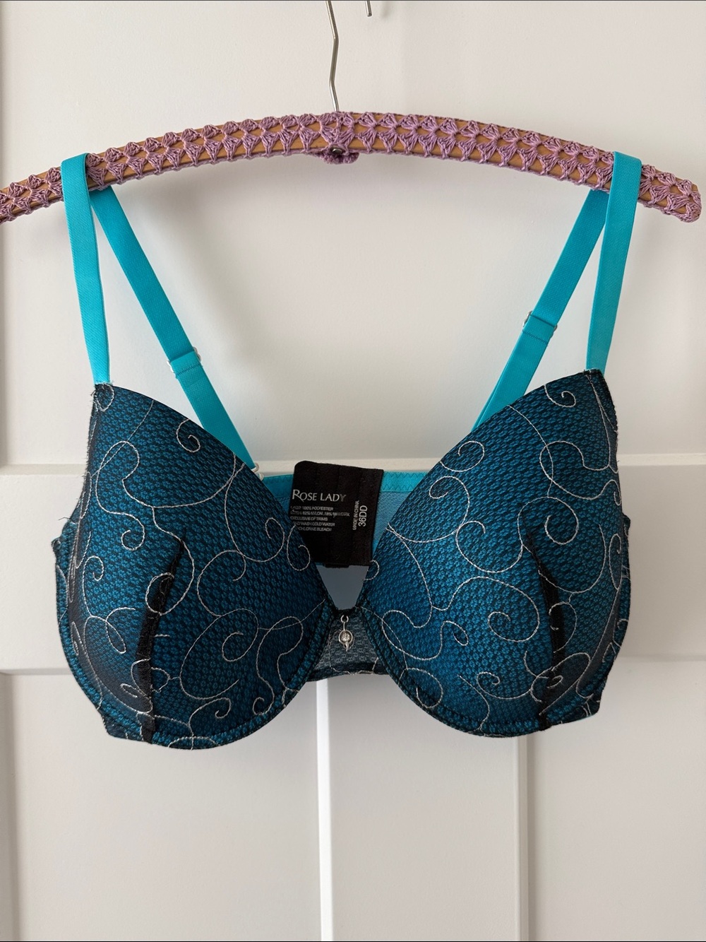 Rose Lady Teal & Black Embroidered Push-Up Bra - Size 36DD